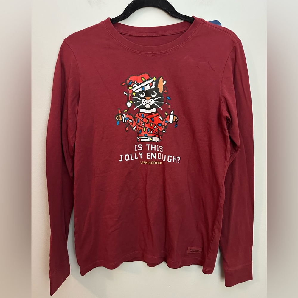 Life Is Good Santa Cat Tee Red Small NWT
